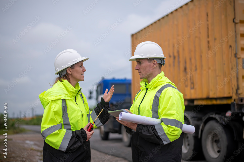 Engineers holding blueprint under survey and checking ship containers and industrial railway truck machinery in the shipping yard import and export industry concept. Engineers holding blueprint under survey and checking ship containers and industrial railway truck machinery in the shipping yard import and export industry concept.