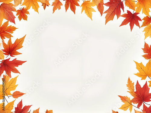 abstract glowing Autumn Leaves Border on White. Red, yellow orange fall leaves