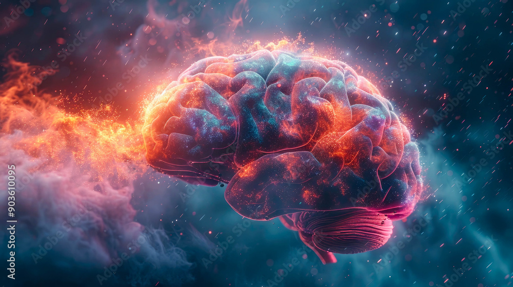 Fototapeta premium A colorful brain with a rainbow of hues, appearing wet and dripping with water droplets