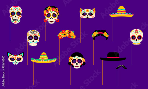 Mexican dead day photo booth masks with props. Dia de los muertos holiday set of skulls, sombrero, floral wreath, mustaches and cats. Vector spooky smiles and skeletal grins for afterlife celebration