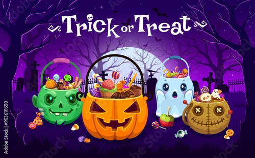 Halloween sweets buckets. Fall season event, autumn horror holiday or Happy Halloween party vector background. October celebration banner with candies in zombie, ghost, voodoo doll and pumpkin buckets