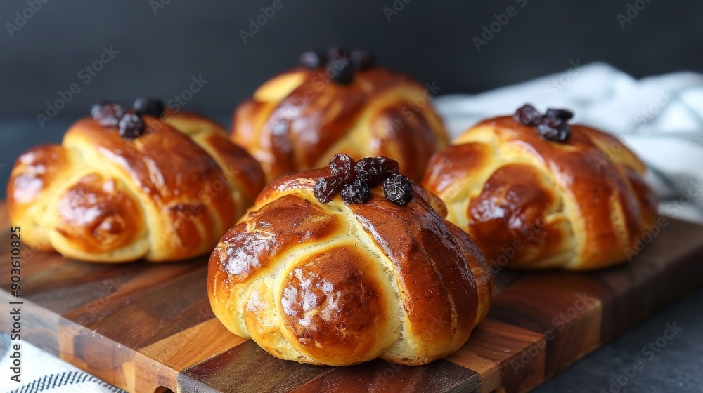 Lussekatter: Swedish saffron bun, decorated with raisins, traditionally served during Christmas. Saffron bun. St. Lucia buns. Pastry. bakery. Lussekatter: Swedish saffron bun, decorated with raisins, traditionally served during Christmas. Saffron bun. St. Lucia buns. Pastry. bakery.