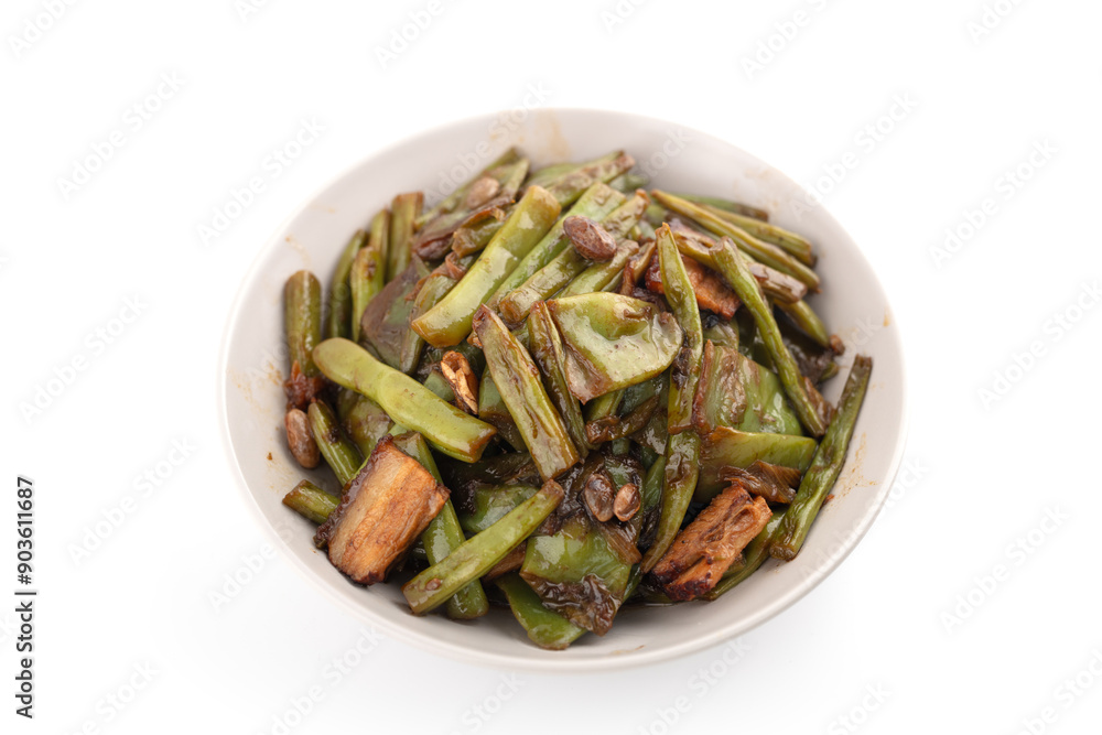 A plate of stir-fried beans on a white background A plate of stir-fried beans on a white background