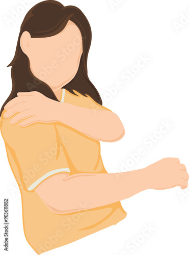 A Cartoon drawing of a woman with nerve and muscle pain in her neck and shoulders radiating down her arm. Cervical neuropathy concept.Vector illustration.