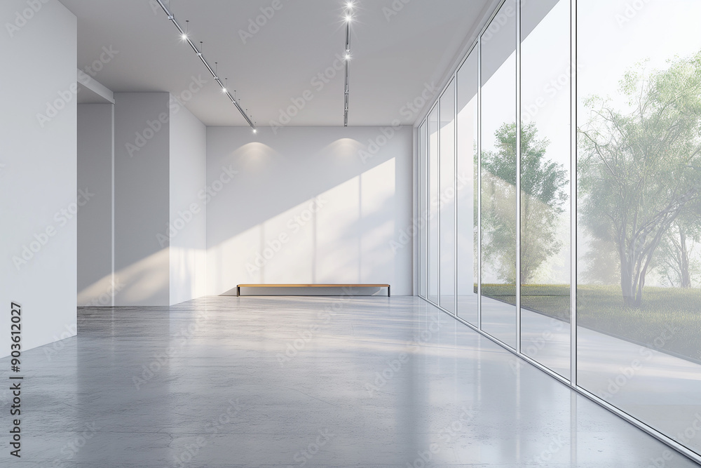 Fototapeta premium 3d rendering, A large white room with glass walls and concrete floor, featuring an empty bench in the center of one wall