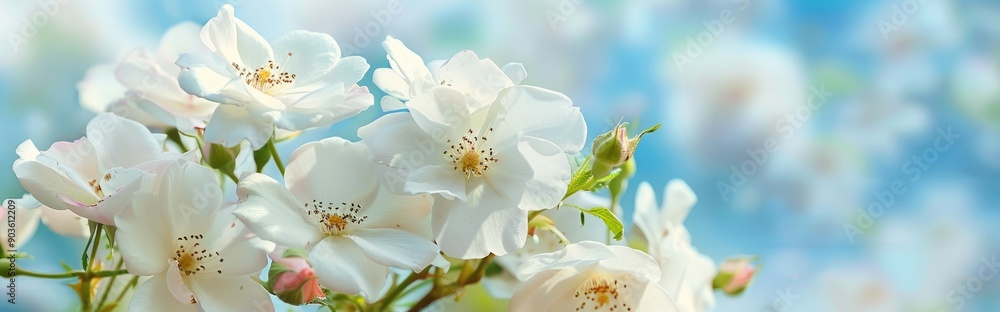 Blooming White Roses in a Soft Blue Sky Blooming White Roses in a Soft Blue Sky