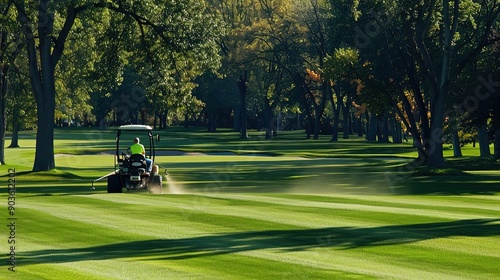 Tractor mowing the grass on a well-maintained golf course surrounded by trees. Maintenance, outdoor sport, greenkeeping, golfing grounds Generative by AI