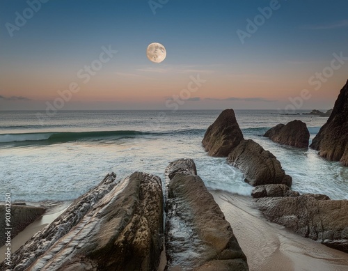 Full moon setting through the rocking just off Holywell Bay, Newquay, Cornwall, UK photo