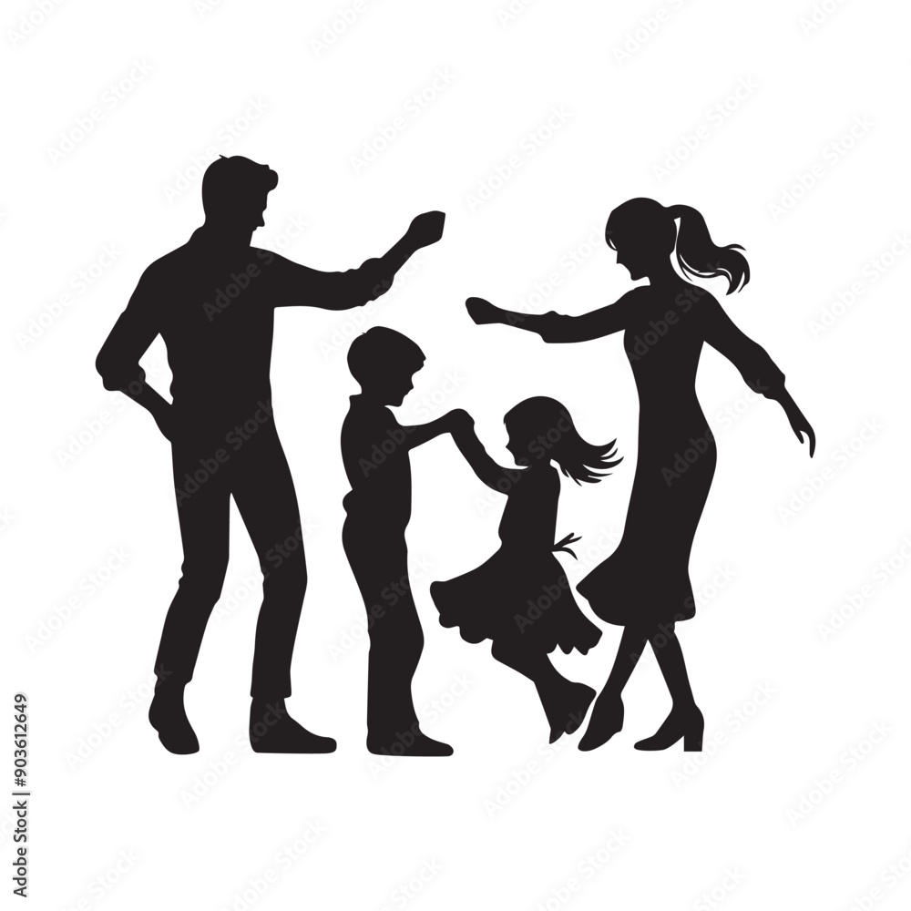 Fototapeta premium Happy Family Silhouette - Family Clipart - Parents dancing with their children illustration