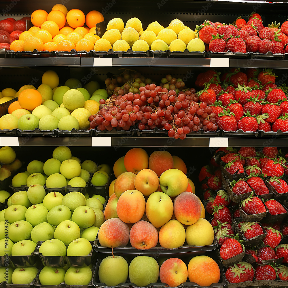 A variety of fresh fruits on shelves in a supermarket A variety of fresh fruits on shelves in a supermarket