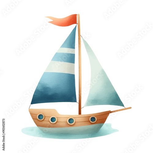 Sea sailboat in pastel colors. Illustration in watercolor style. Sketch of a boat or yacht for children's design in a marine style. Clip art of a ship with a sail for decorating a children's room.