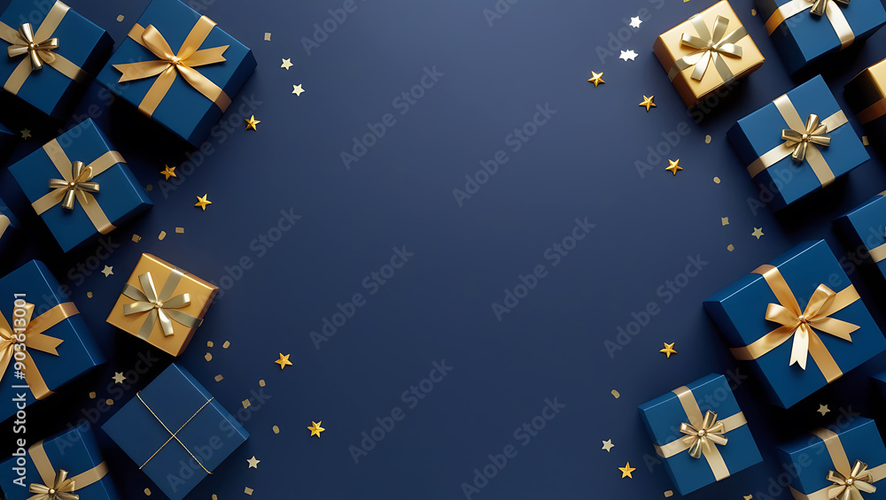 Blue gift boxes with golden bows and ribbons placed on dark blue background with stars Blue gift boxes with golden bows and ribbons placed on dark blue background with stars