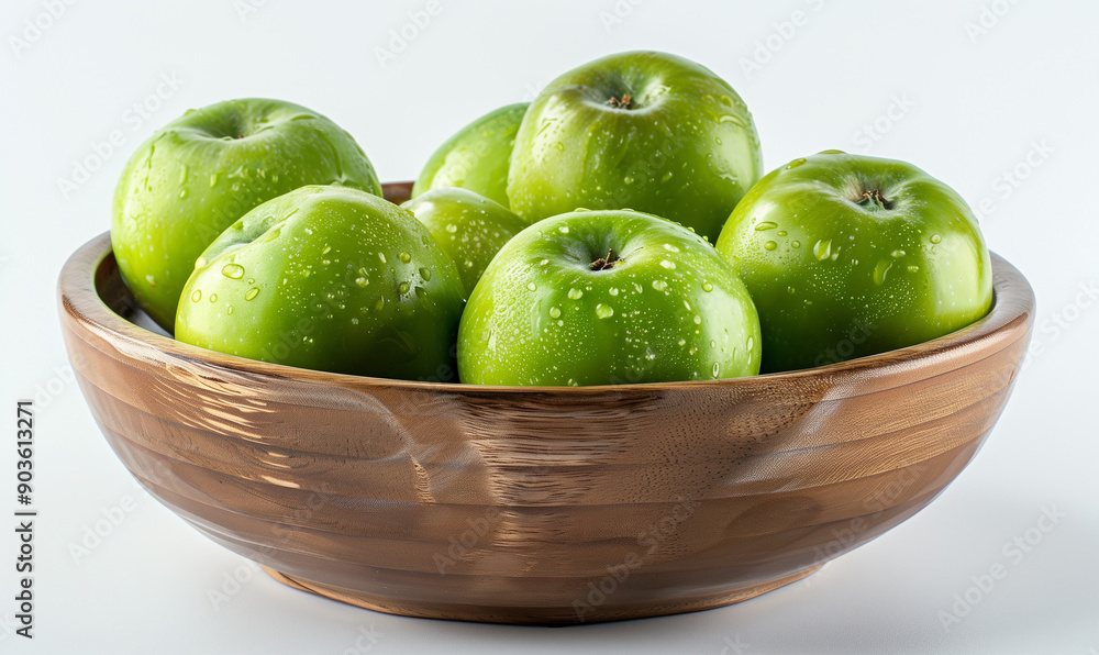 Simple Yet Elegant Gourmet Wet Green Apples in a Wooden Bowl Simple Yet Elegant Gourmet Wet Green Apples in a Wooden Bowl