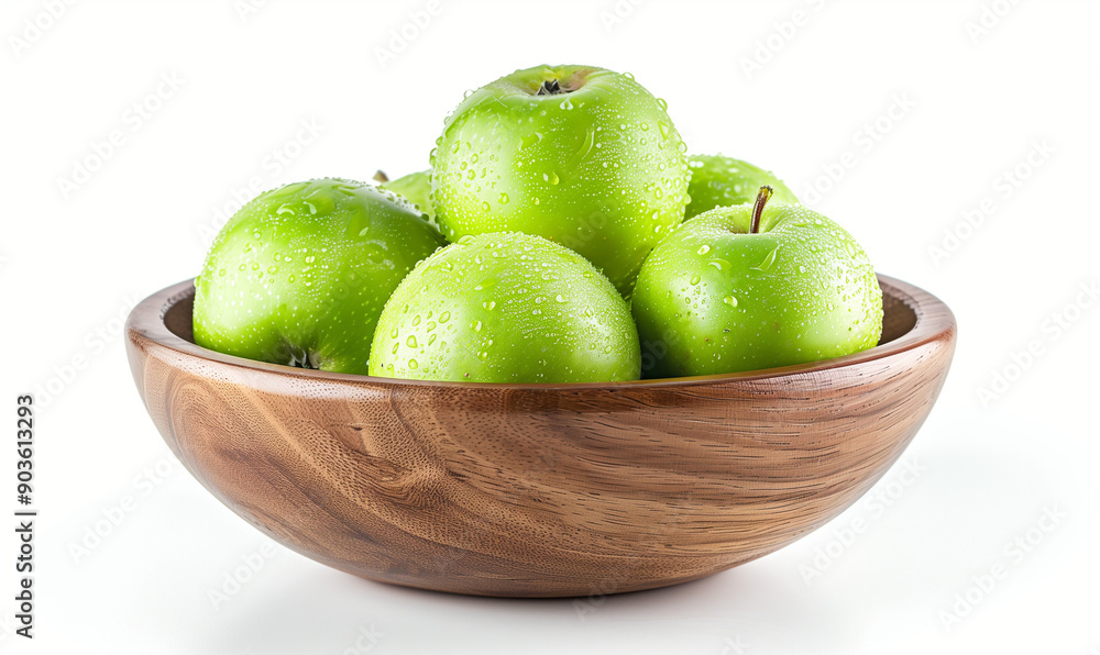 Wholesome and Juicy Organic Wet Green Apples in a Wooden Bowl Wholesome and Juicy Organic Wet Green Apples in a Wooden Bowl