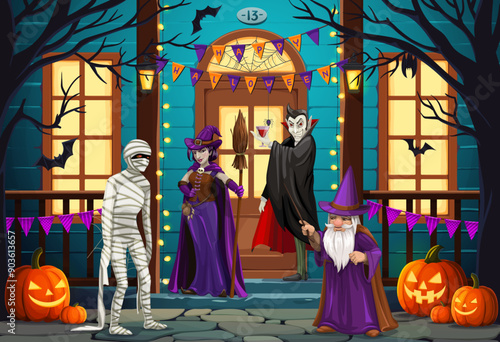 Halloween scary and eerie characters on the door porch. Vector decorated cottage house facade with guests wearing costumes of vampire, witch, wizard and mummy ready to celebrate All Hallows Eve