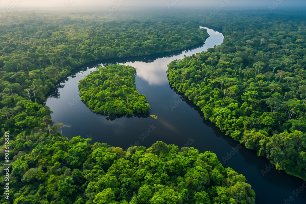 aerial view of river cutting through rainforest canopy. aerial view of river cutting through rainforest canopy.