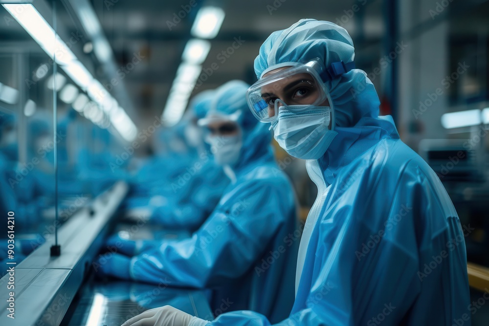 Engineers in protective clothing working on assembly line, industrial environment, photorealistic