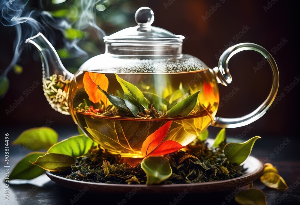 delicate display exotic tea leaves steeping transparent glass highlighting natural colors textures leaves, teapot, herbal, beverage, infusion, brewing delicate display exotic tea leaves steeping transparent glass highlighting natural colors textures leaves, teapot, herbal, beverage, infusion, brewing