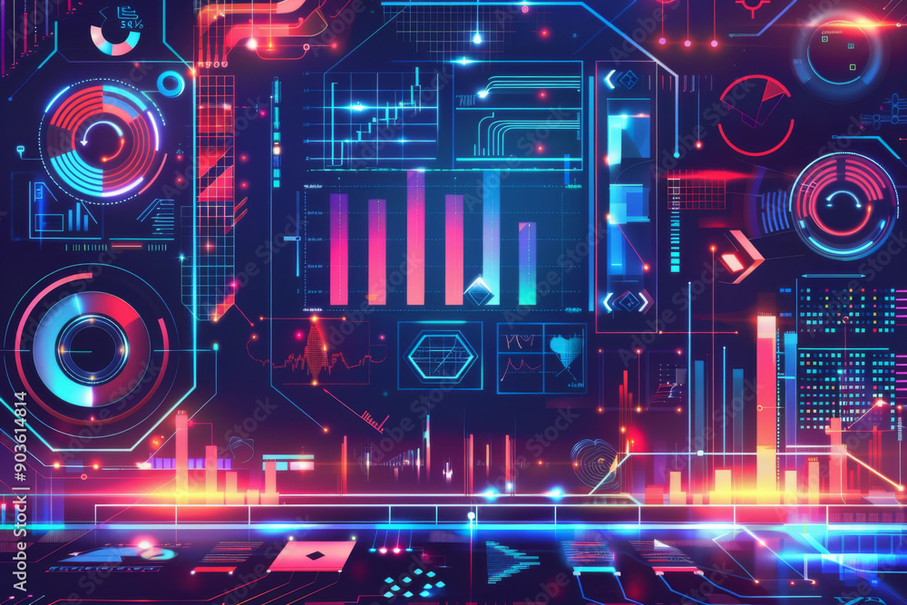 Futuristic Digital Interface with Neon Lights and Data Visualizations Futuristic Digital Interface with Neon Lights and Data Visualizations