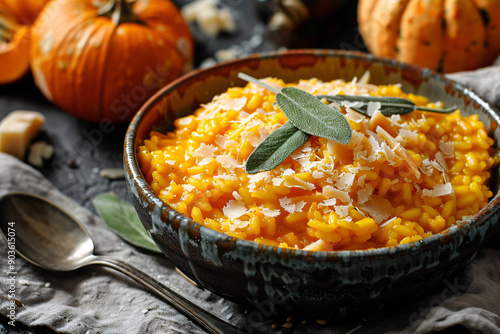 Creamy pumpkin risotto with sage and Parmesan cheese in bowl photo