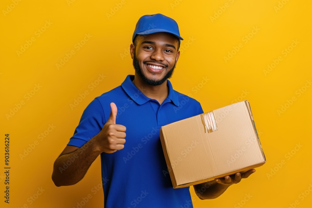male delivery man with boxes showing thumbs up on yellow background male delivery man with boxes showing thumbs up on yellow background