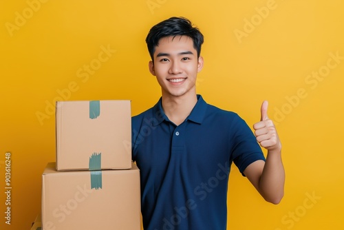 male delivery man with boxes showing thumbs up on yellow background photo