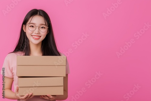 girl shopper with shopping boxes on a pink background