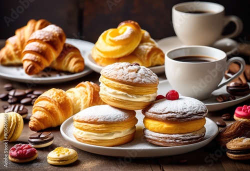 Wallpaper Mural elegant still life featuring artisan coffee creamy foam assorted pastries including macarons rustic wooden table, croissants, danish, warm, inviting, baked Torontodigital.ca