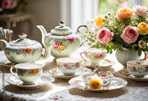 Wallpaper Mural elegant tea setup featuring delicate porcelain saucers floral designs tastefully laid table, afternoon, teapot, cup, setting, vintage, ceramics, china Torontodigital.ca