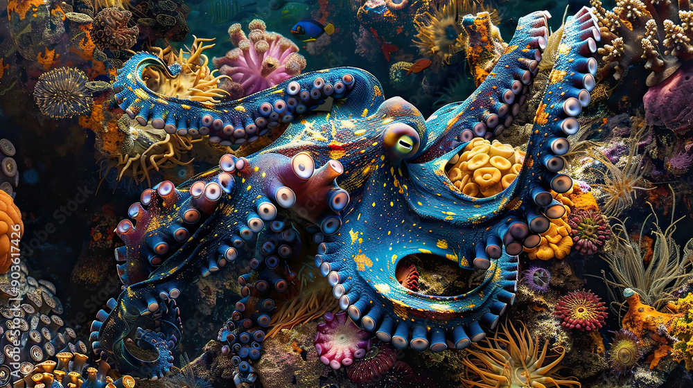 Blue Ringed Octopus Drifting Gracefully Through an Ocean Wonderland AI Generative Blue Ringed Octopus Drifting Gracefully Through an Ocean Wonderland AI Generative