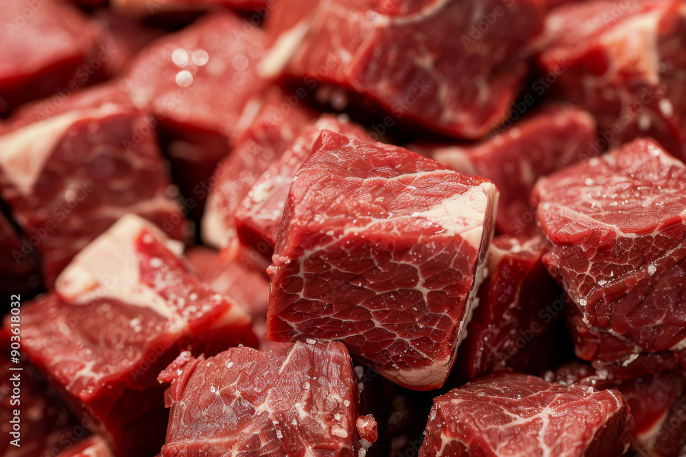 Close-up of Raw Beef Cubes with Marbling and Fat Close-up of Raw Beef Cubes with Marbling and Fat