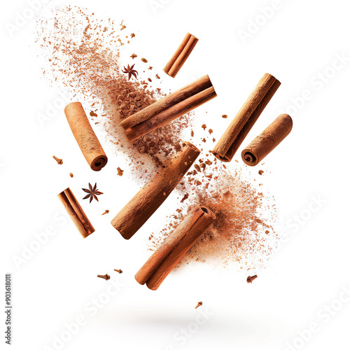 Floating cinnamon sticks with powder in air, on white background