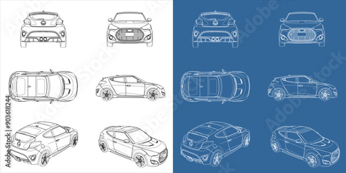 vector hatchback car line art draw blueprint wireframe from all view top corner side back isolated in transparent background