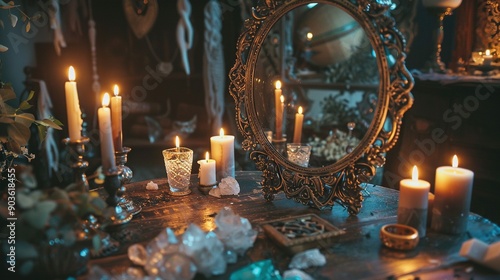 Ornate Mirror and Candles on a Wooden Table