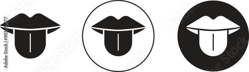 Tongue out vectors Set. Open mouth, licking, tongue sticking out conversation. Taste scheme concepts. Tongue with lips. Sense symbols. Flat art icons for apps and websites on transparent background.