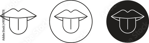 Tongue out vectors Set. Open mouth, licking, tongue sticking out conversation. Taste scheme concepts. Tongue with lips. Sense symbols. Line art icons for apps and websites on transparent background.