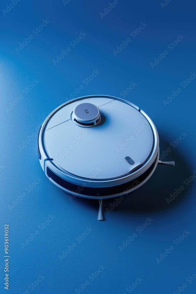 Robotic Vacuum Cleaner on Blue Surface Robotic Vacuum Cleaner on Blue Surface