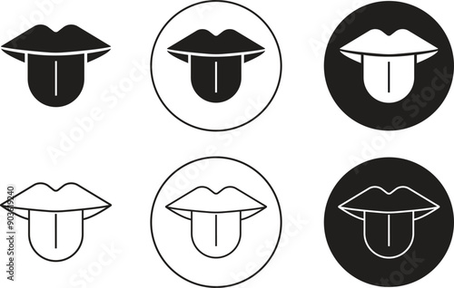 Tongue out vectors Set. Open mouth, licking, tongue sticking out conversation. Taste scheme concepts. Tongue with lips. Sense symbols. Flat, Line icons for apps and websites on transparent background.