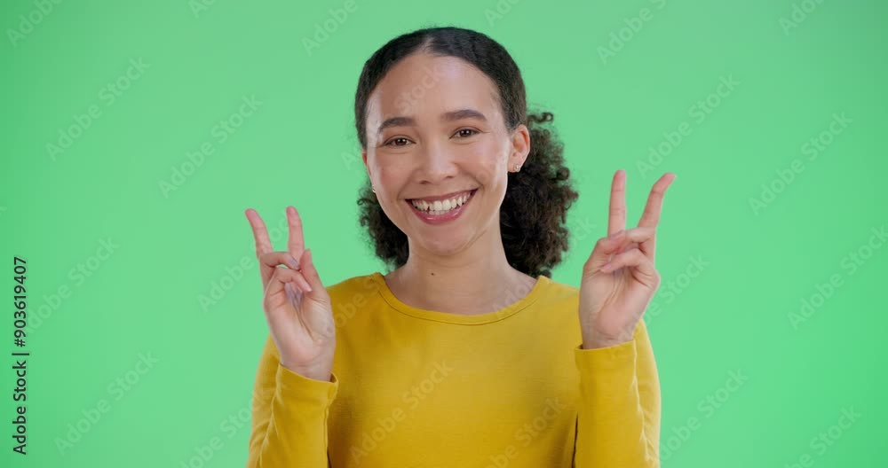 Green screen, smile and woman with peace hand sign, symbol or icon isolated on studio background. Happy portrait, excited and young funny girl with positive energy, carefree and emoji mockup Green screen, smile and woman with peace hand sign, symbol or icon isolated on studio background. Happy portrait, excited and young funny girl with positive energy, carefree and emoji mockup