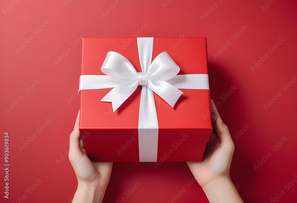 Red gift box with a white ribbon bow on a bright red background Red gift box with a white ribbon bow on a bright red background