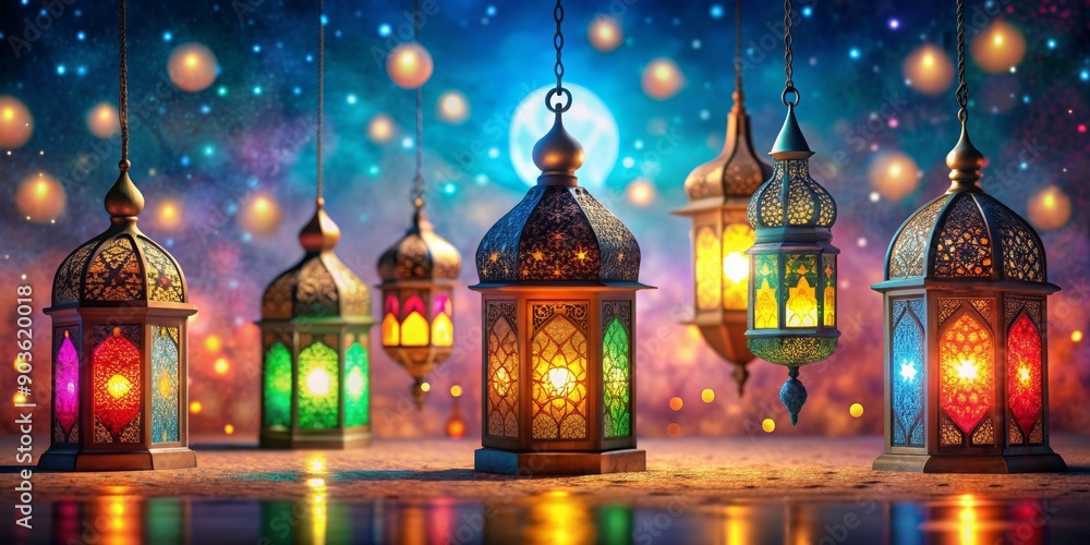 A colorful and vibrant image representing the celebration of Ramadan with lanterns and decorations, Ramadan, Muslim A colorful and vibrant image representing the celebration of Ramadan with lanterns and decorations, Ramadan, Muslim