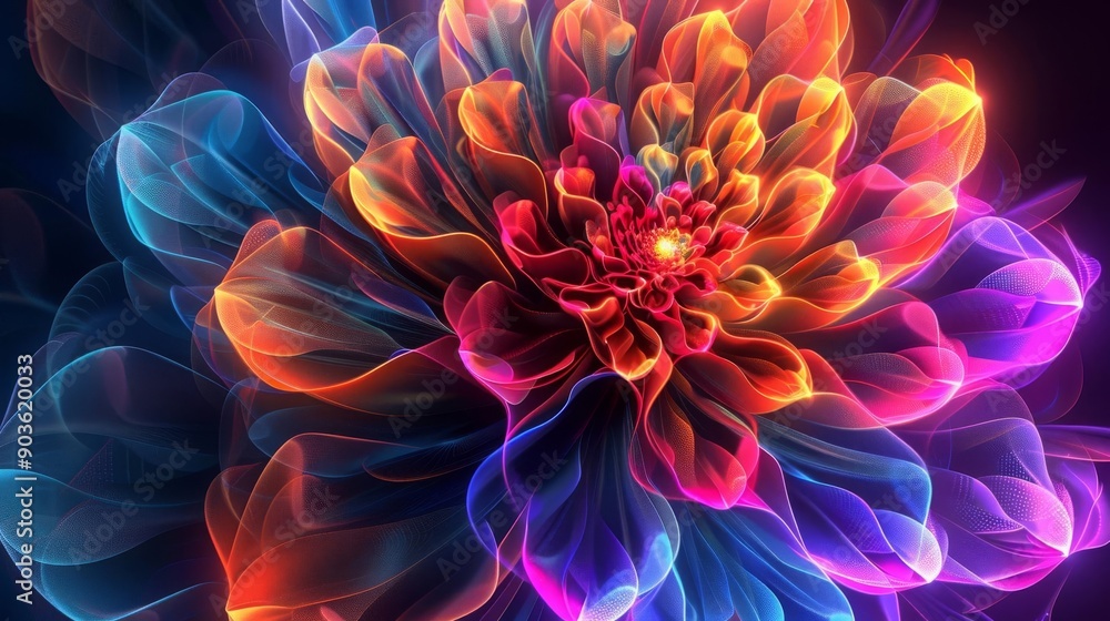 Abstract flower with binary code petals radiating outwards in bright, neon colors. Abstract flower with binary code petals radiating outwards in bright, neon colors.