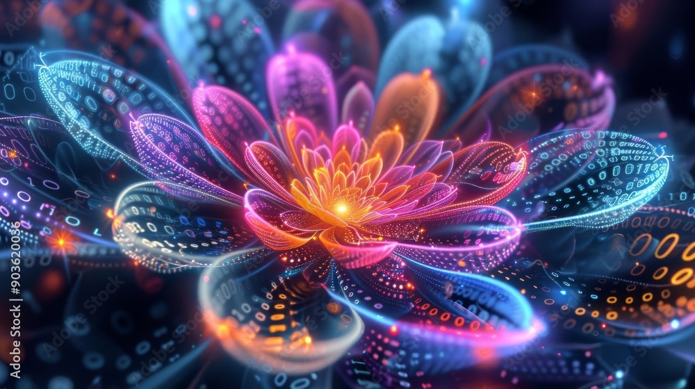 Obraz premium Abstract flower with binary code petals radiating outwards in bright, neon colors.