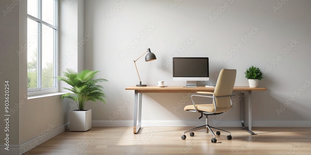 Minimalistic workspace with computer and chair, minimalistic, workspace, computer, chair, modern, simple, clean, white Minimalistic workspace with computer and chair, minimalistic, workspace, computer, chair, modern, simple, clean, white
