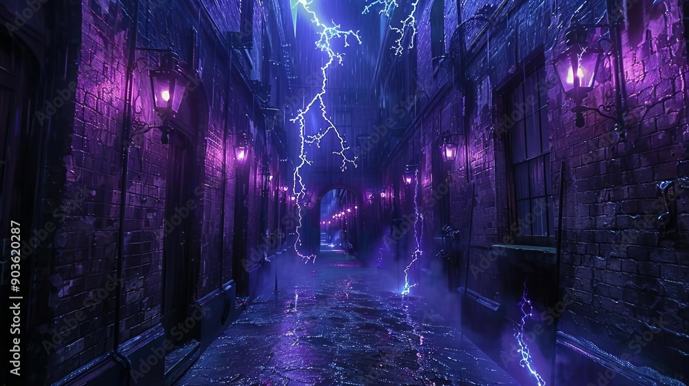 Sparkle light dark horror alley with electric charge bouncing off the walls and dripping streams Sparkle light dark horror alley with electric charge bouncing off the walls and dripping streams