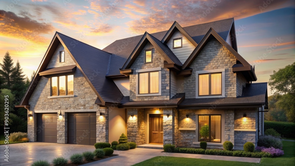 Modern two-story home with unique gable roof and stone facade highlighted in golden hour light, architecture, texture Modern two-story home with unique gable roof and stone facade highlighted in golden hour light, architecture, texture