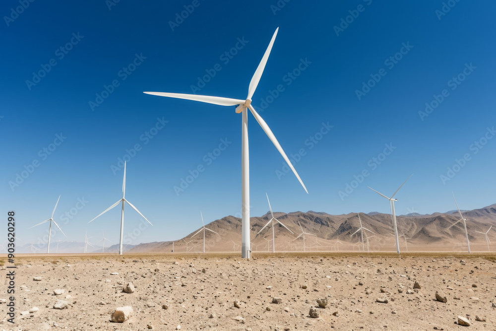 Wind turbines in a desert landscape with blue skies Wind turbines in a desert landscape with blue skies