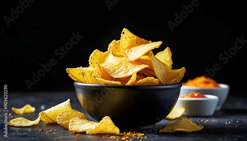 Obraz na płótnie Testy potato chips with sauce black background