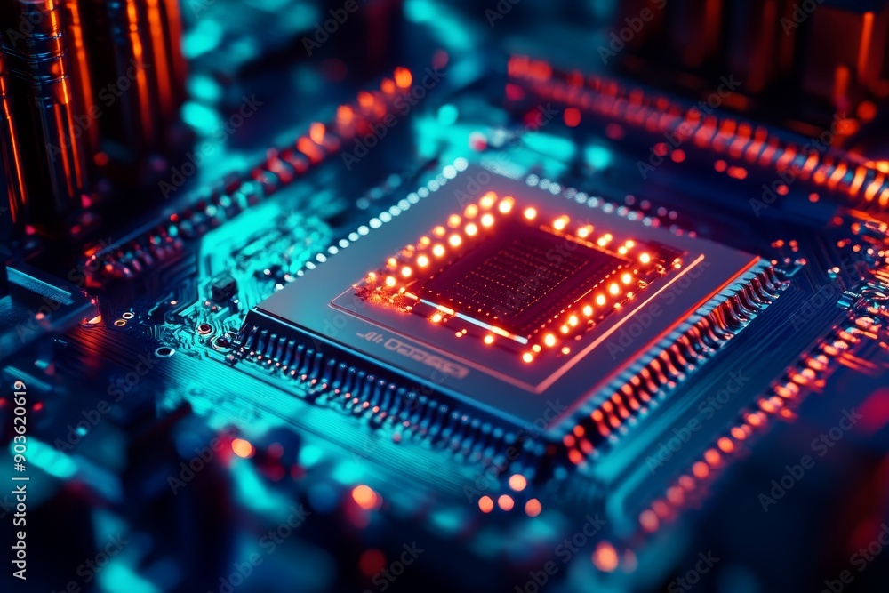 Close-up on a quantum processor under testing, illustrating the connectivity and high-speed data processing. High-resolution, detailed textures, crisp focus Close-up on a quantum processor under testing, illustrating the connectivity and high-speed data processing. High-resolution, detailed textures, crisp focus