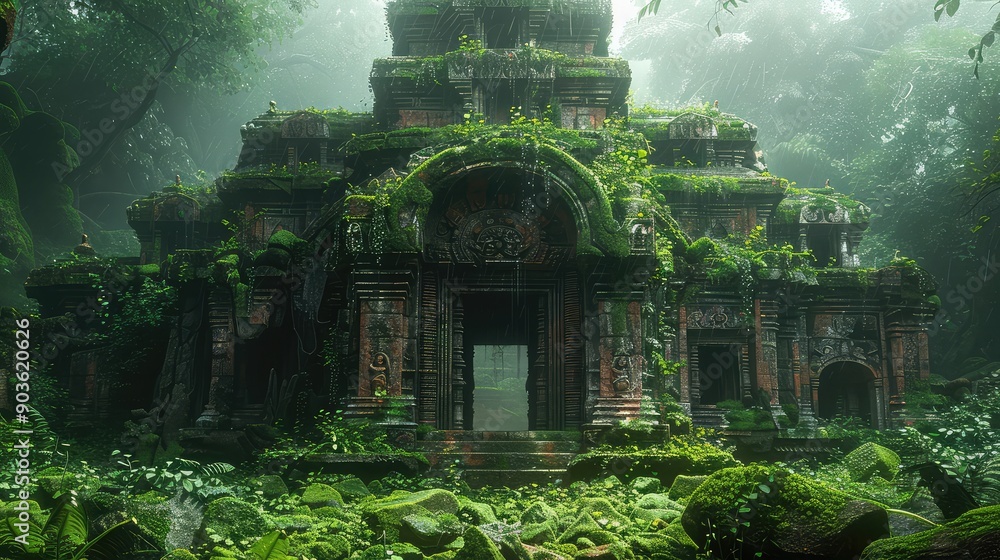 A dilapidated temple hidden in the jungle with cracked stone and lush surrounding foliage A dilapidated temple hidden in the jungle with cracked stone and lush surrounding foliage